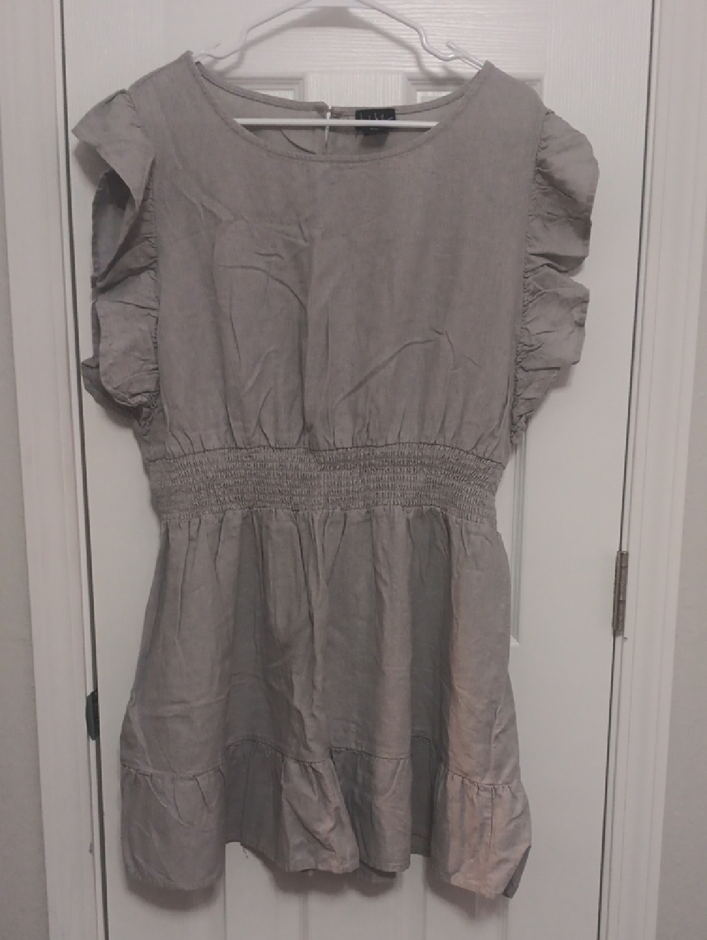 Nicole Miller Smocked-Waist Ruffle Sleeve Midi Dress - Gray